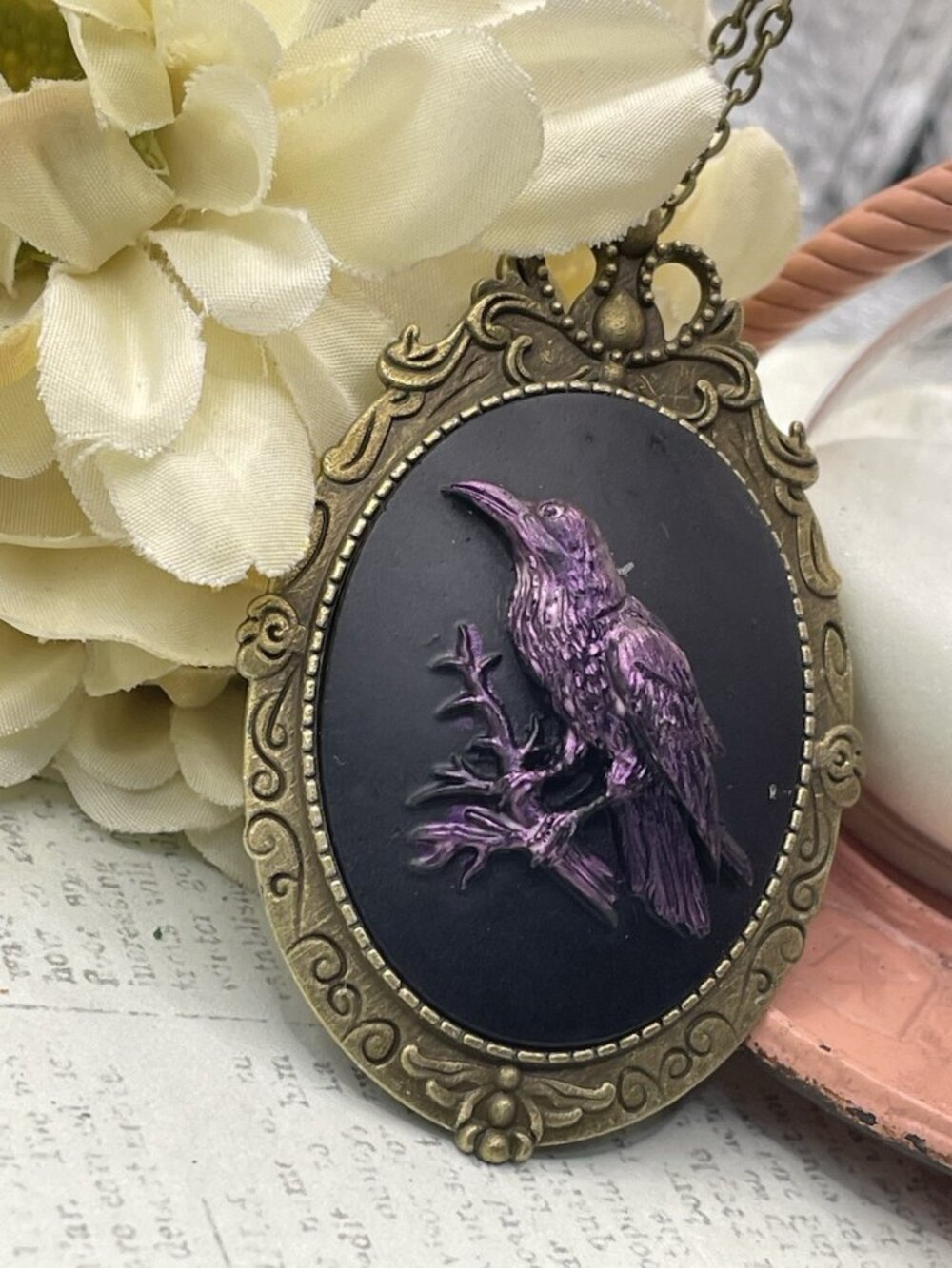Brooch Pin Purple Iridescent Raven Crow Gothic Gift Cameo Black Necklace Pendant